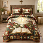 Bible Cardinal Faith quilted 3-piece bedding set on a made bed in a softly lit bedroom