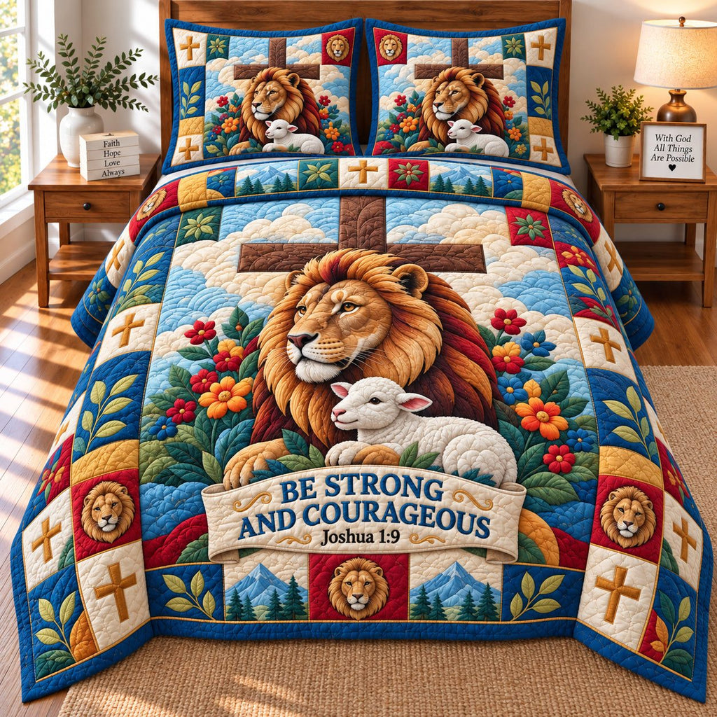 Bible Quotes quilted 3-piece bedding set on a made bed in a softly lit bedroom