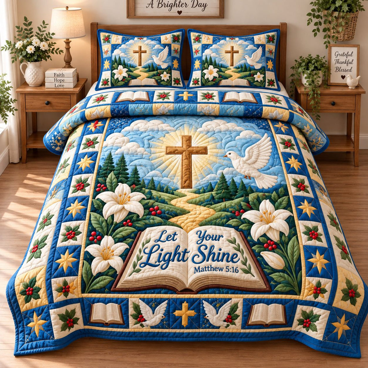 Bible Verse quilted 3-piece bedding set on a made bed in a softly lit bedroom