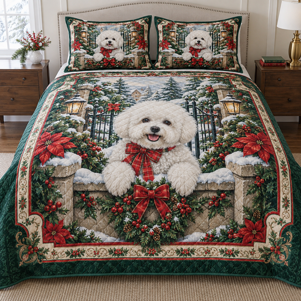 Bichon Frise Christmas 3-Piece Quilted Bedding Set — digital product visualization
