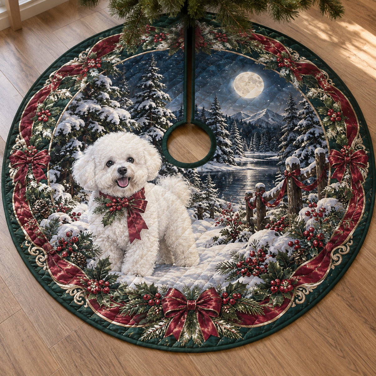 Bichon Frise Quilted Christmas Tree Skirt — digital product visualization