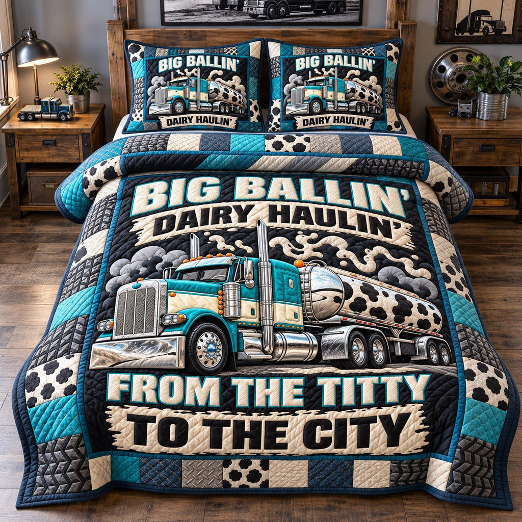 Big Ballin Dairy Haulin quilted 3-piece bedding set on a made bed with two matching pillow shams