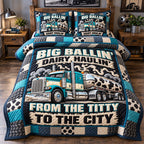 Big Ballin Dairy Haulin quilted 3-piece bedding set on a made bed with two matching pillow shams