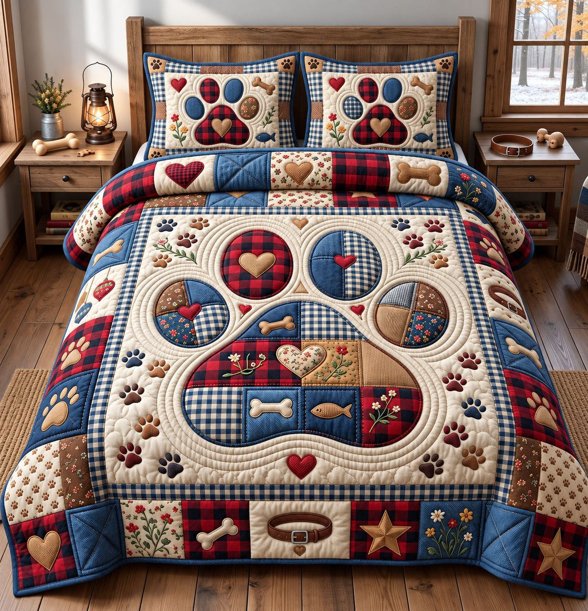 Big Plaid Paw Patchwork quilted 3-piece bedding set on a made bed in a farmhouse bedroom