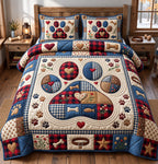 Big Plaid Paw Patchwork quilted 3-piece bedding set on a made bed in a farmhouse bedroom