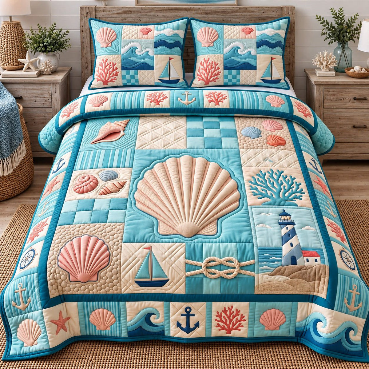 Big Seashell Coastal Patchwork quilted 3-piece bedding set on a made bed in a light coastal bedroom