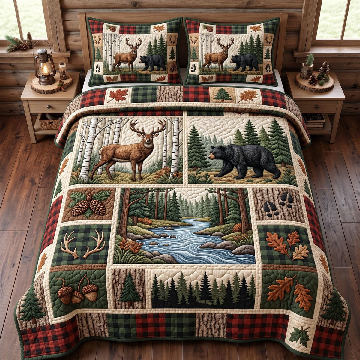 Birch Deer Bear Stream quilted 3-piece bedding set on a made bed with two matching pillow shams