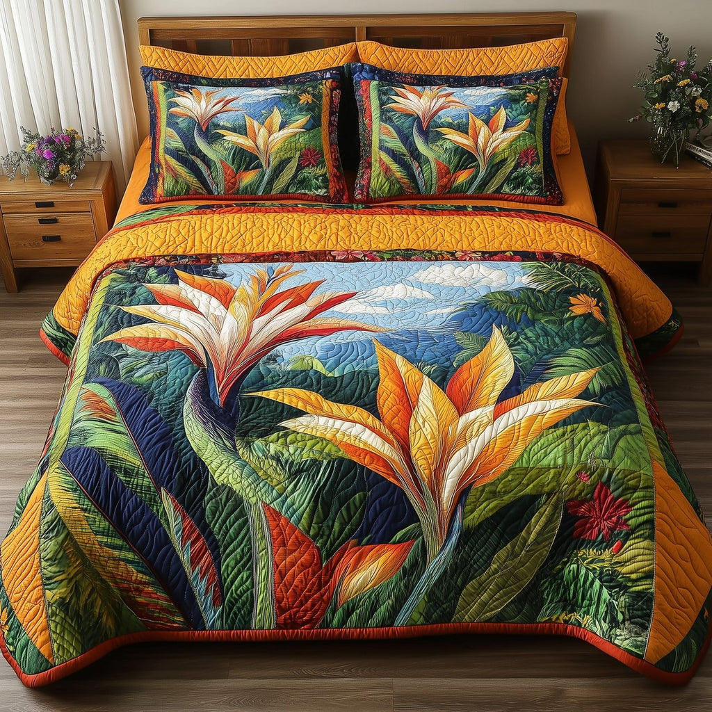 Bird Of Paradise Flower 3-Piece Quilted Bedding Set GFTONL3868 quilted 3-piece bedding set on a made bed with two matching pillow shams