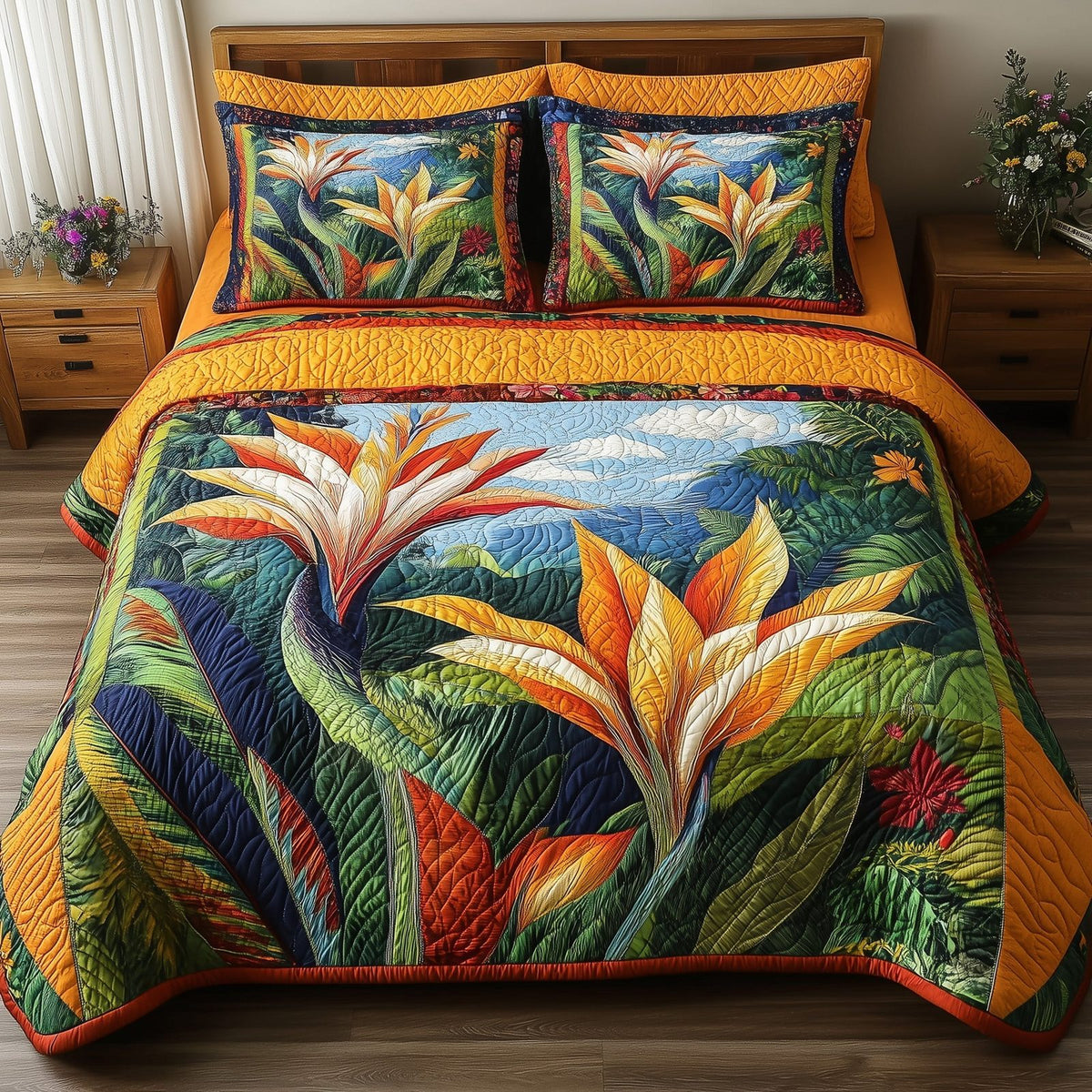 Bird Of Paradise Flower 3-Piece Quilted Bedding Set GFTONL3868 quilted 3-piece bedding set on a made bed with two matching pillow shams