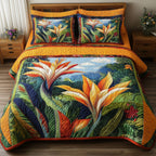 Bird Of Paradise Flower 3-Piece Quilted Bedding Set GFTONL3868 quilted 3-piece bedding set on a made bed with two matching pillow shams