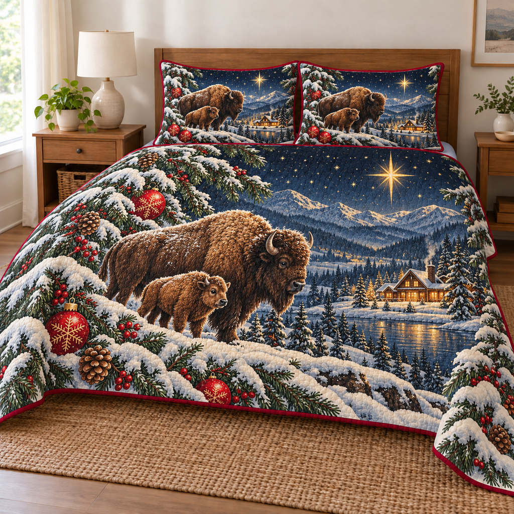 Bison Star Lodge printed Christmas quilt and two matching pillow shams; design mockup showing a flat printed depth effect.