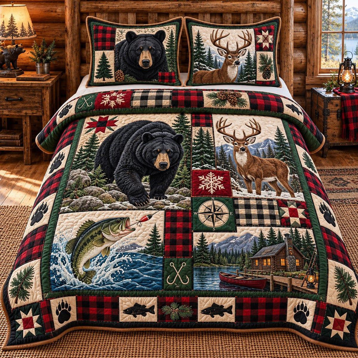Black Bear Deer Bass Hunting quilted 3-piece bedding set on a made bed with two matching pillow shams