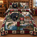 Black Bear Deer Bass Hunting quilted 3-piece bedding set on a made bed with two matching pillow shams