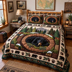 Black Bear Nest quilted 3-piece bedding set on a made bed with two matching pillow shams