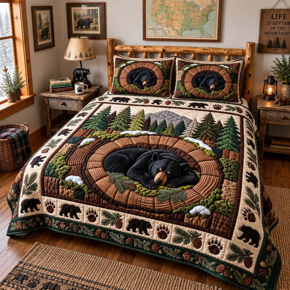 Black Bear Nest quilted 3-piece bedding set on a made bed with two matching pillow shams
