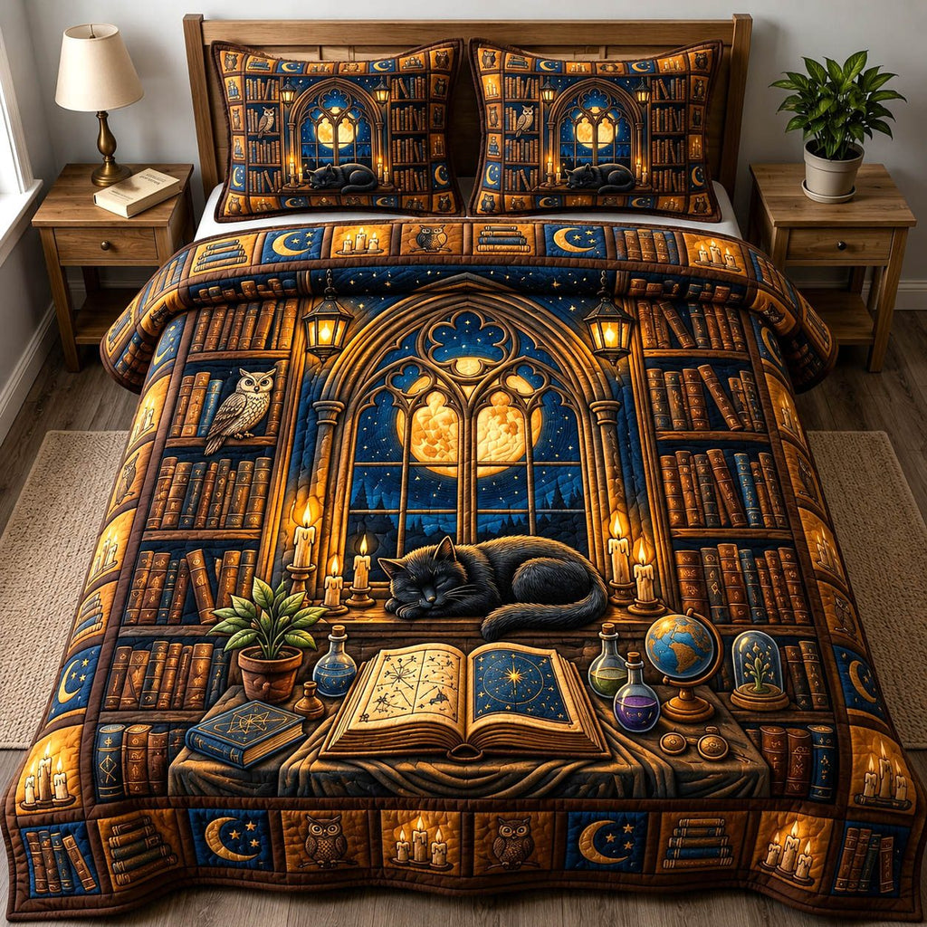 Black Cat 3-Piece Quilted Bedding Set GFTONMU1769 quilted 3-piece bedding set on a made bed with two matching pillow shams