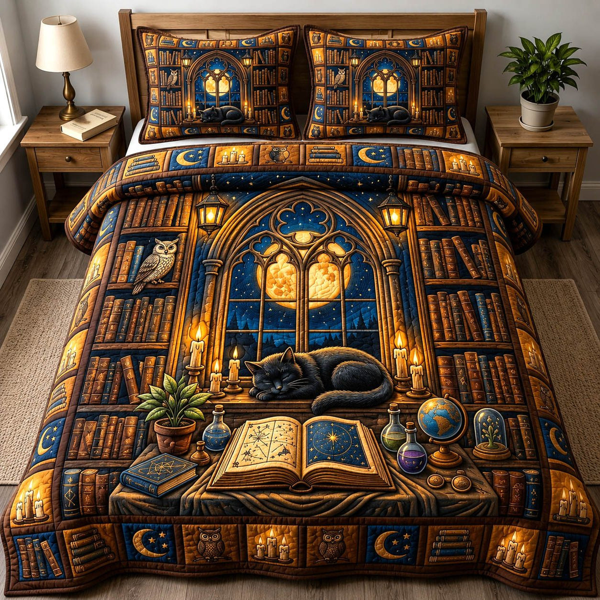 Black Cat 3-Piece Quilted Bedding Set GFTONMU1769 quilted 3-piece bedding set on a made bed with two matching pillow shams