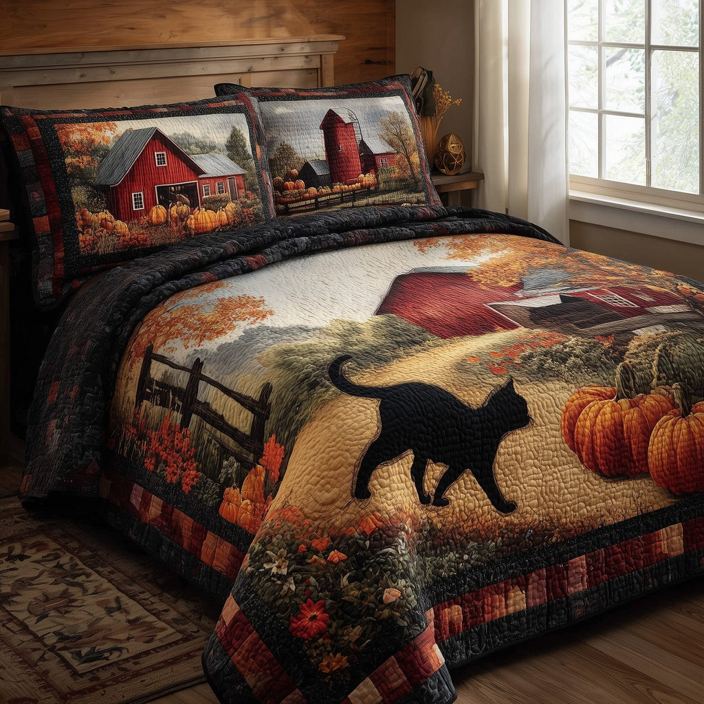 Black Cat Autumn 3-Piece Quilted Bedding Set GFTONL6006 quilted 3-piece bedding set on a made bed with two matching pillow shams