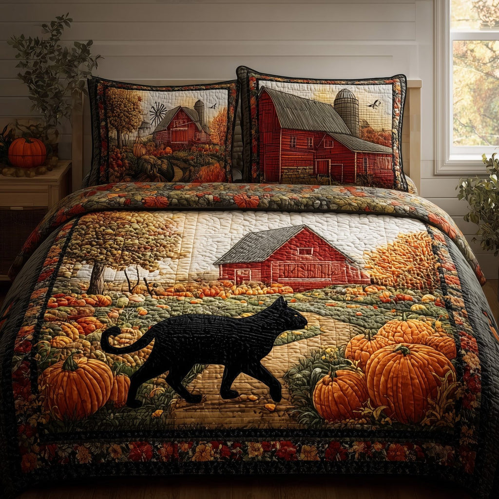 Black Cat Autumn 3-Piece Quilted Bedding Set GFTONL6007 quilted 3-piece bedding set on a made bed with two matching pillow shams