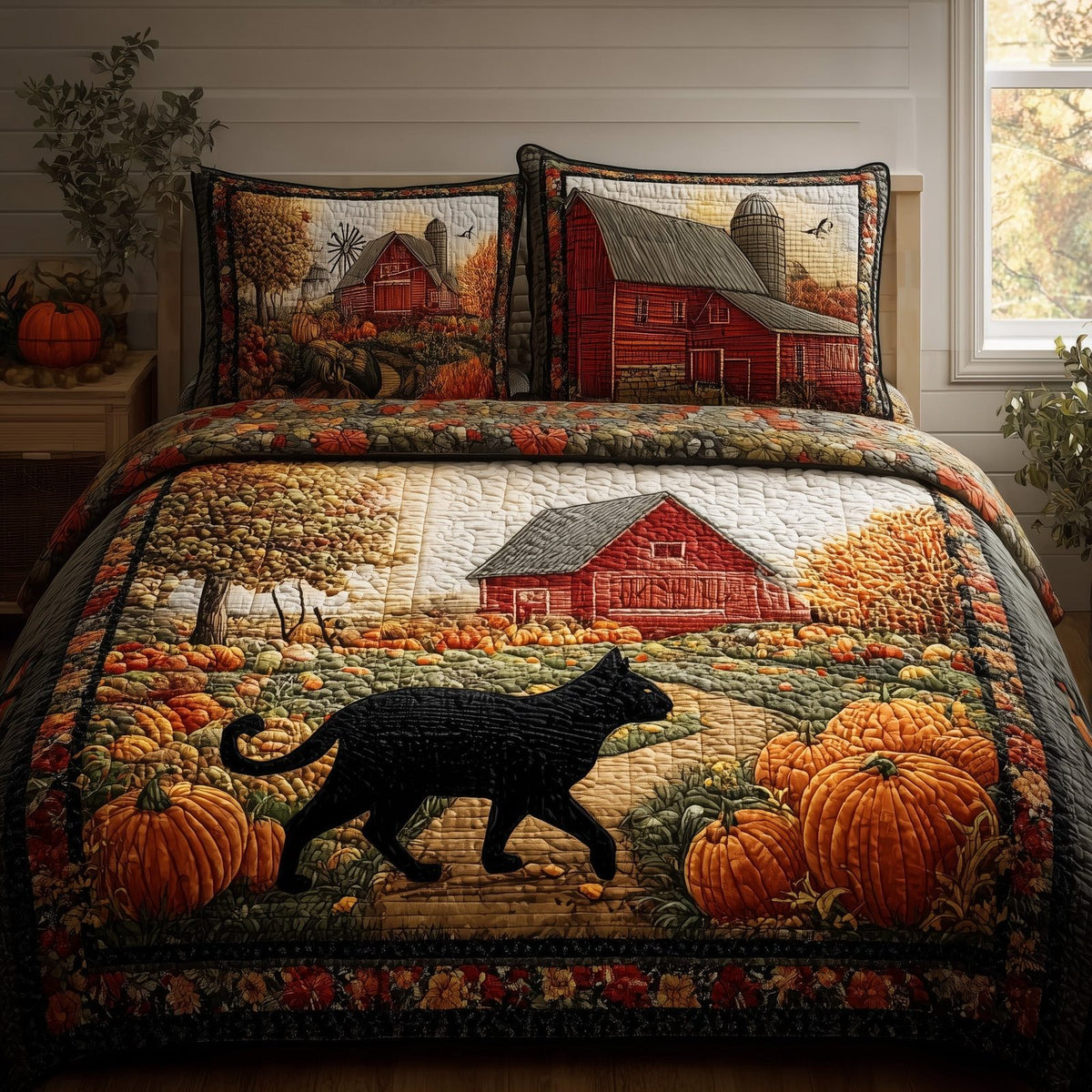 Black Cat Autumn 3-Piece Quilted Bedding Set GFTONL6007 quilted 3-piece bedding set on a made bed with two matching pillow shams