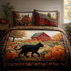 Black Cat Autumn 3-Piece Quilted Bedding Set GFTONL6007 quilted 3-piece bedding set on a made bed with two matching pillow shams