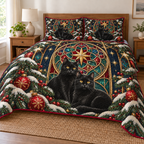 Black Cat Frosted Rose Window printed Christmas quilt and two matching pillow shams; design mockup showing a flat printed depth effect.