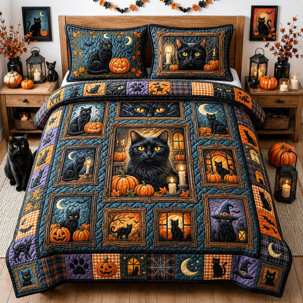 Black Cat Halloween 3-Piece Quilted Bedding Set GFTOPND1281 quilted 3-piece bedding set on a made bed against a dark styled interior