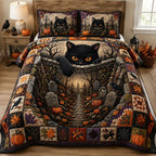 Black Cat Halloween Graveyard quilted 3-piece bedding set on a made bed against a dark styled interior