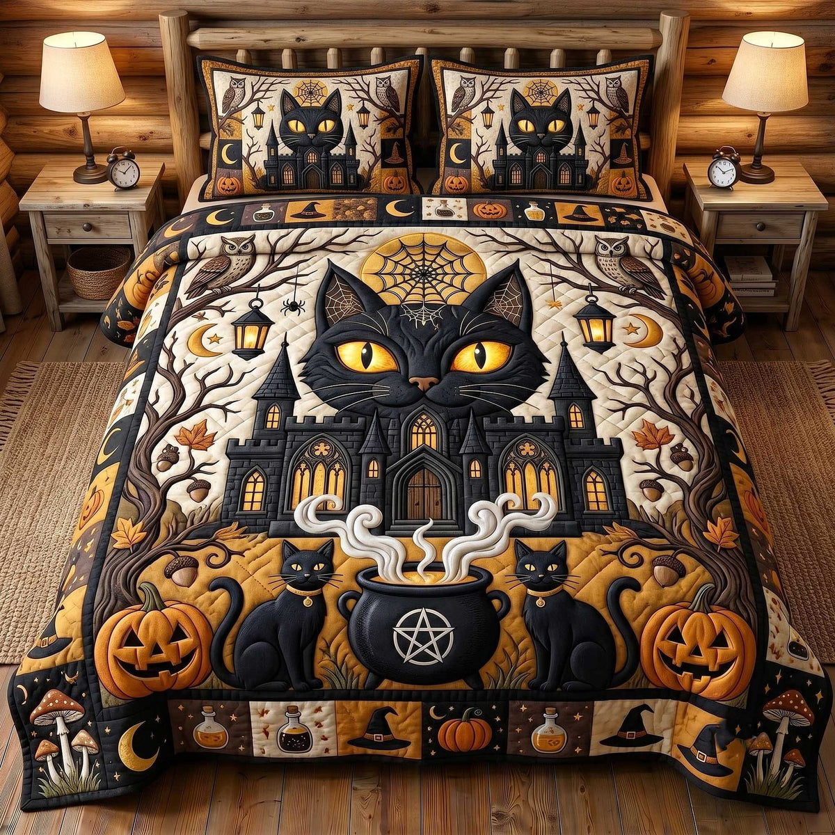 Black Cat Magic 3-Piece Quilted Bedding Set GFTOTP19859 quilted 3-piece bedding set on a made bed with two matching pillow shams