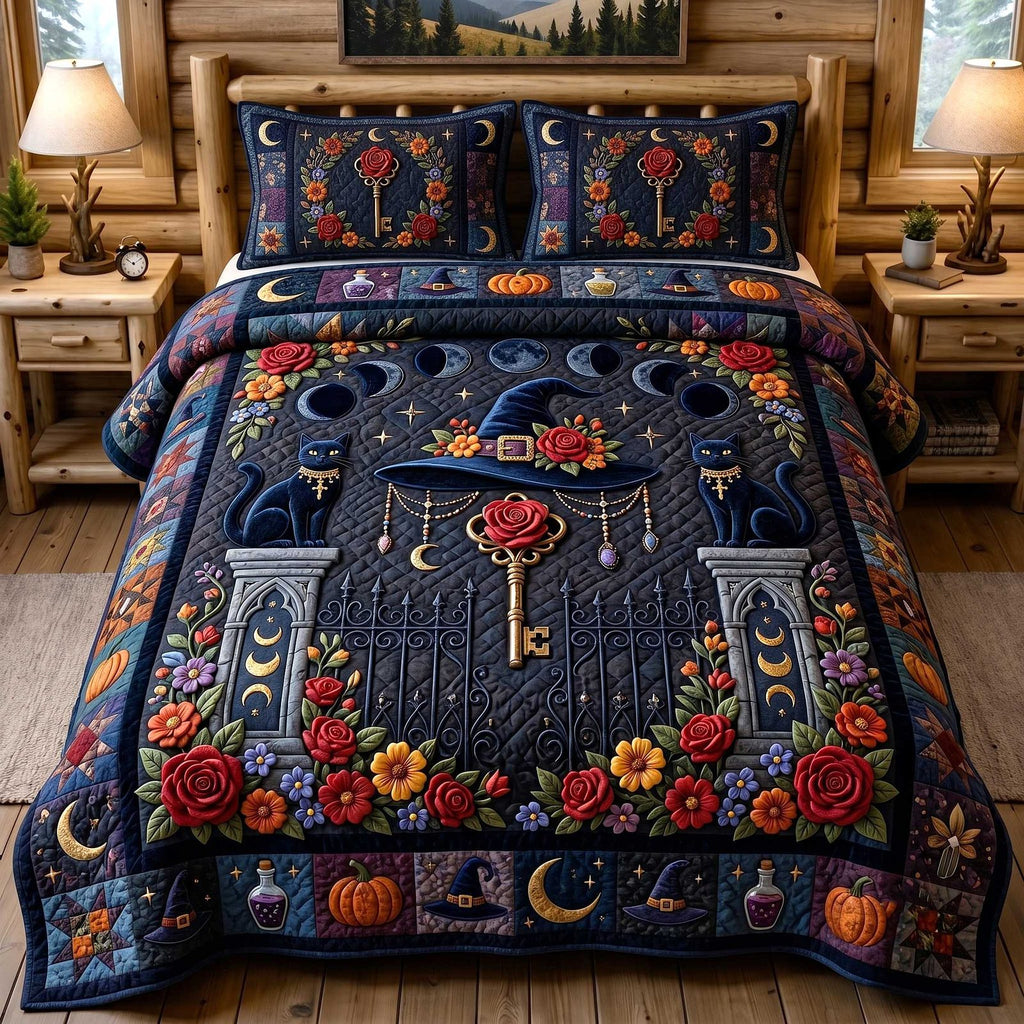 Black Cat Magic 3-Piece Quilted Bedding Set GFTOTP19860 quilted 3-piece bedding set on a made bed with two matching pillow shams