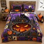 Black Cat Pumpkin Graveyard quilted 3-piece bedding set on a made bed against a dark styled interior