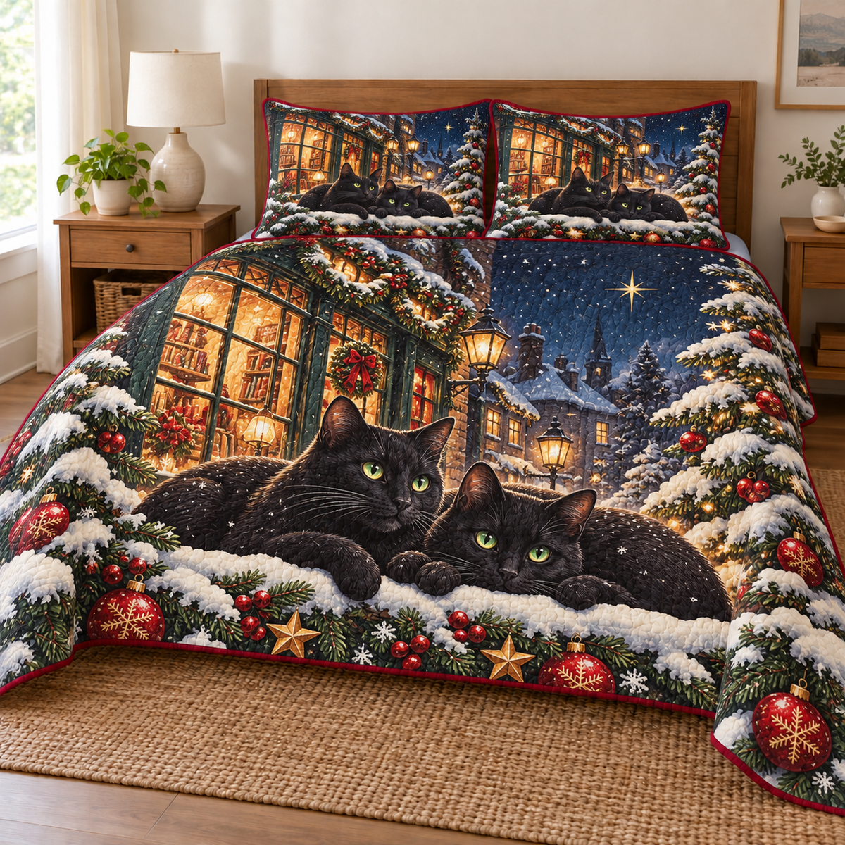 Black Cat Snowy Bookshop printed Christmas quilt and two matching pillow shams; design mockup showing a flat printed depth effect.