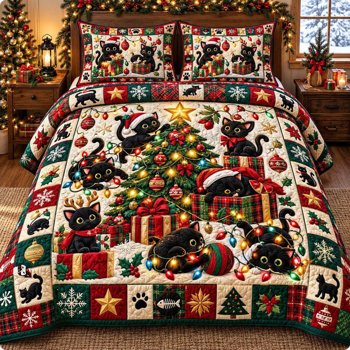 Black Cat Tree Ornaments quilted 3-piece bedding set on a made bed with two matching pillow shams