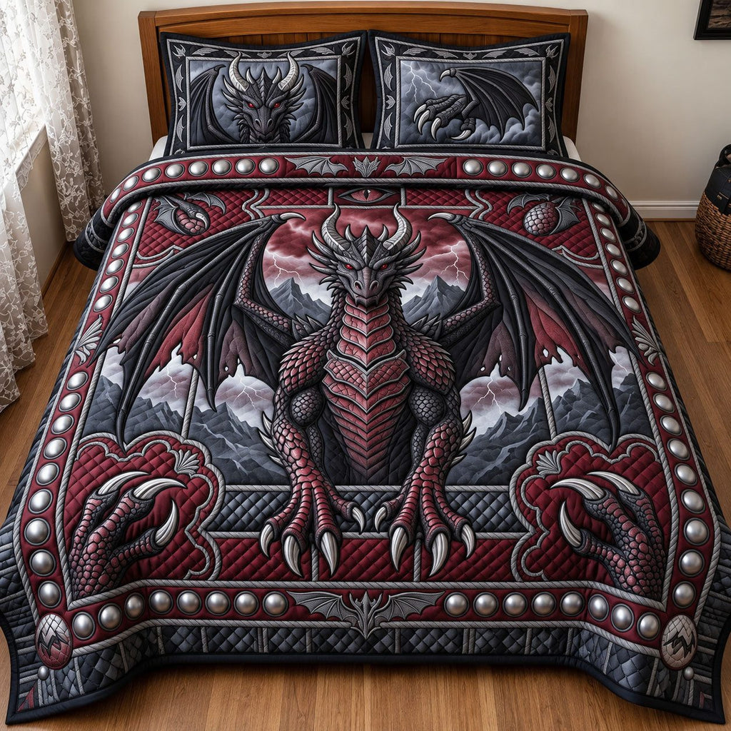 Black Obsidian Dragon quilted 3-piece bedding set on a made bed with two matching pillow shams
