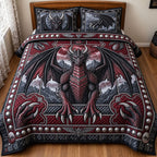 Black Obsidian Dragon quilted 3-piece bedding set on a made bed with two matching pillow shams