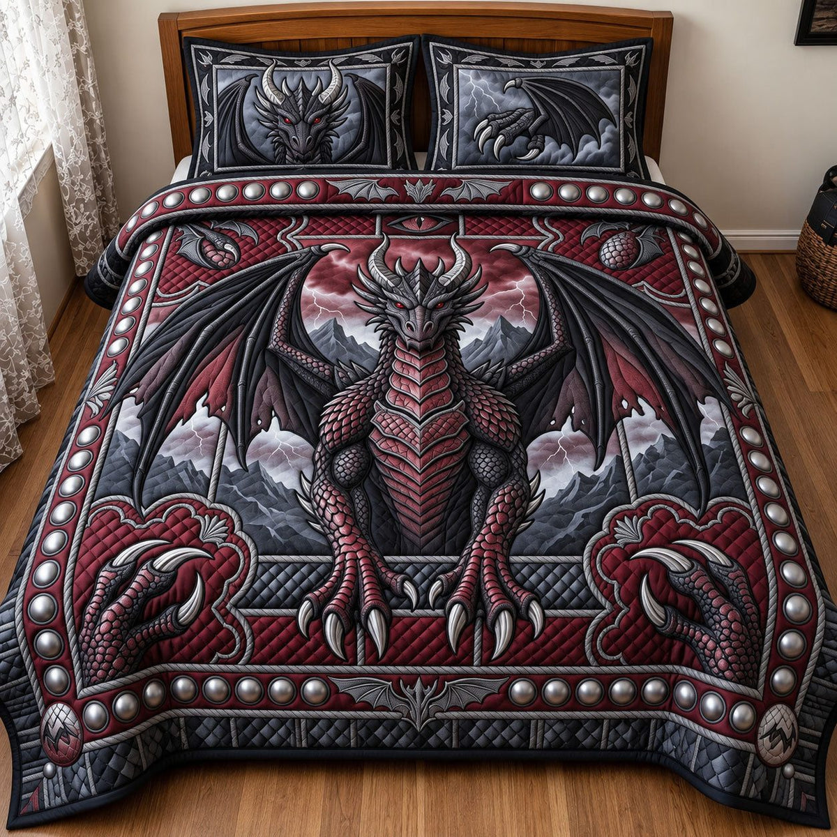 Black Obsidian Dragon quilted 3-piece bedding set on a made bed with two matching pillow shams