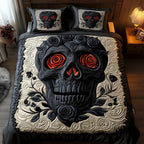 Black Rose Skull 3-Piece Quilted Bedding Set GFTOTP530 quilted 3-piece bedding set on a made bed against a dark styled interior