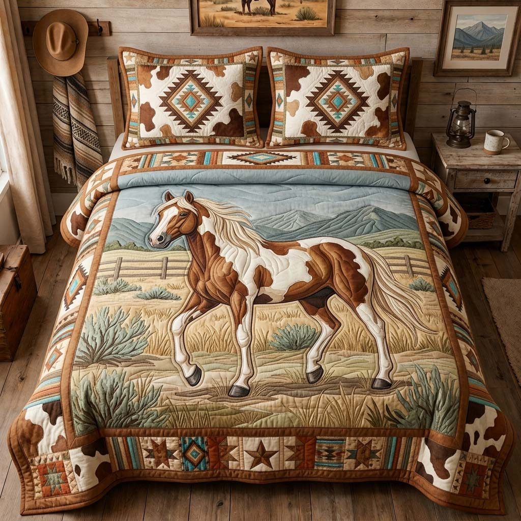 Black Stallion Desert 3-Piece Quilted Bedding Set GDTONTD1326 quilted 3-piece bedding set on a made bed in a rustic timber bedroom