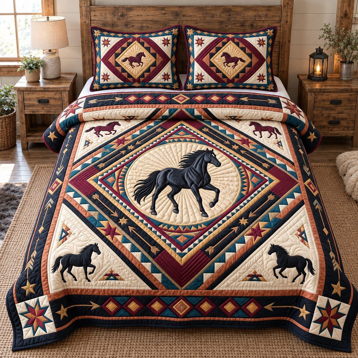 Black Stallion Diamond Tribal Horse quilted 3-piece bedding set on a made bed in a rustic timber bedroom