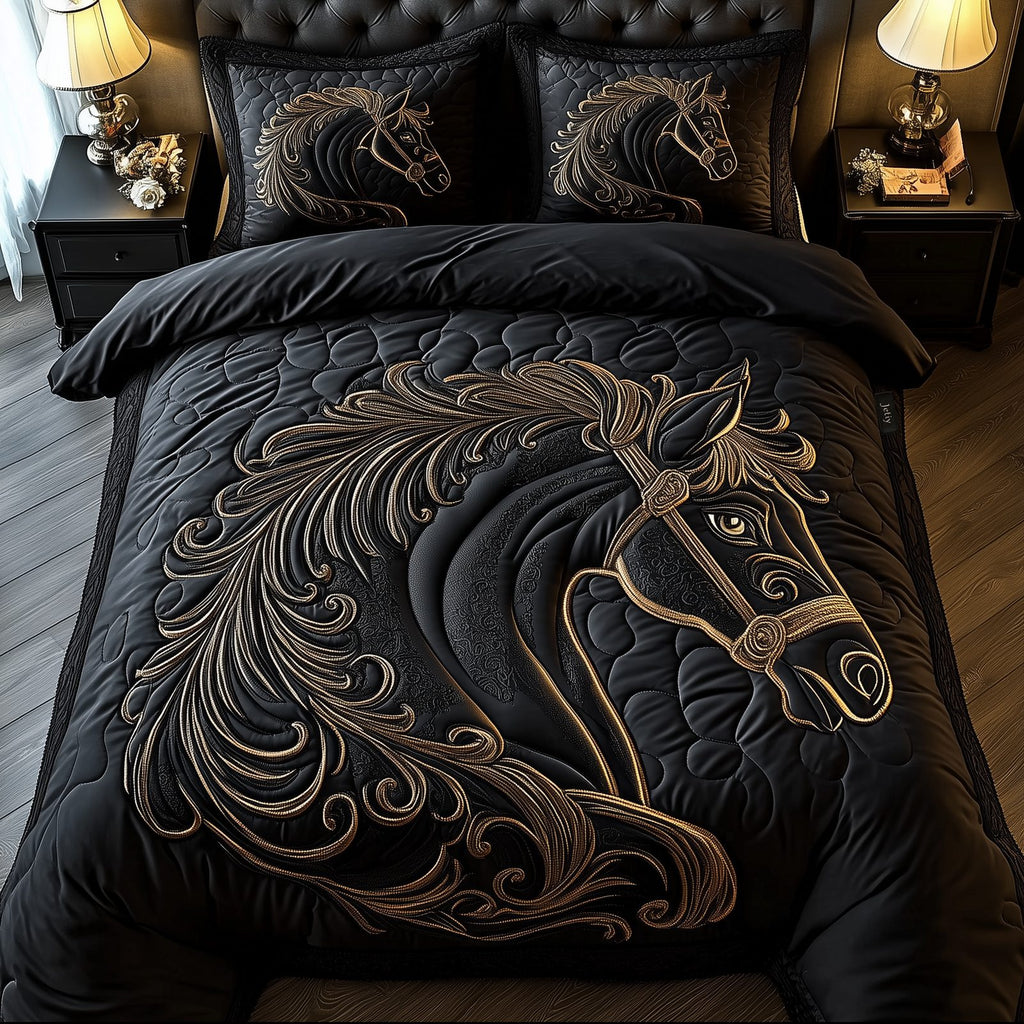 Black Stallion Gold Filigree quilted 3-piece bedding set on a made bed in a rustic timber bedroom