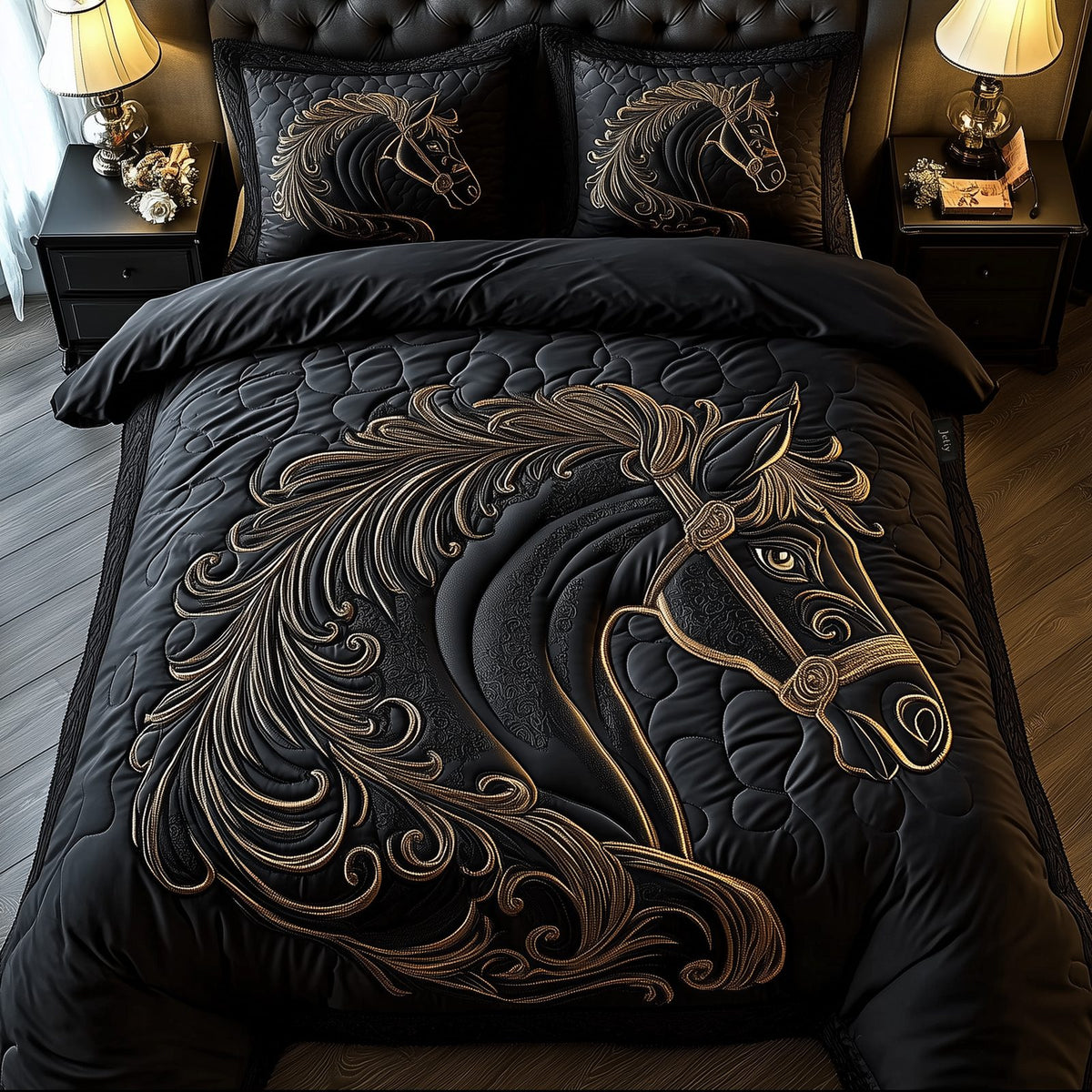 Black Stallion Gold Filigree quilted 3-piece bedding set on a made bed in a rustic timber bedroom