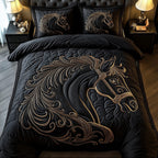 Black Stallion Gold Filigree quilted 3-piece bedding set on a made bed in a rustic timber bedroom