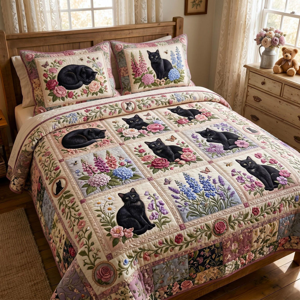 Black Whiskers 3-Piece Quilted Bedding Set GFTOMA12351 quilted 3-piece bedding set on a made bed with two matching pillow shams