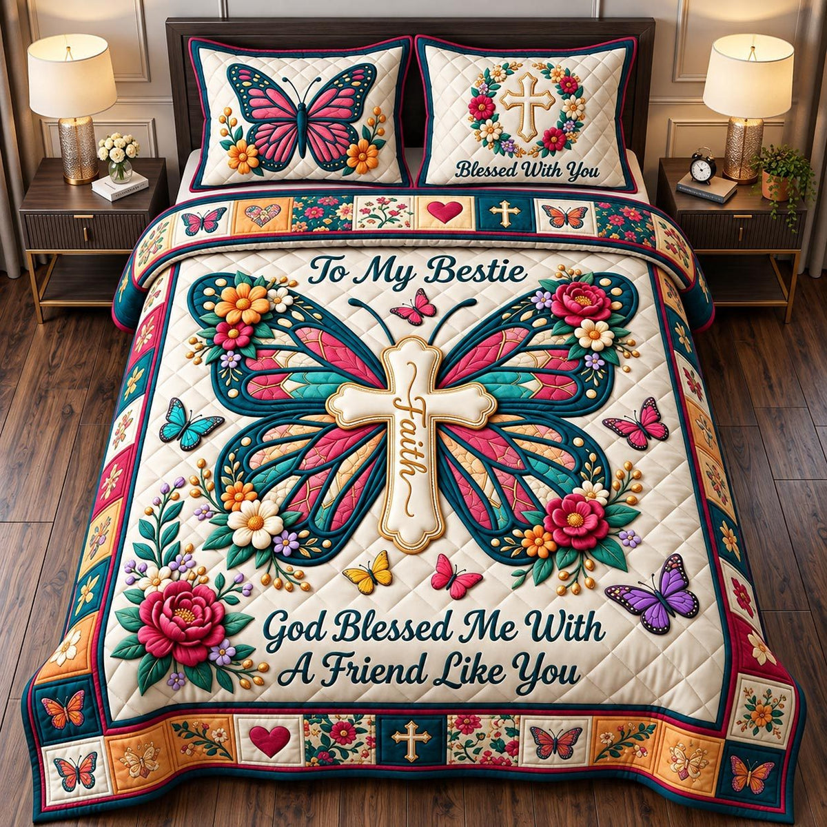 Blessed Bestie quilted 3-piece bedding set on a made bed in a softly lit bedroom