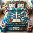 Blessed Beyond Measure Bible quilted 3-piece bedding set on a made bed in a softly lit bedroom