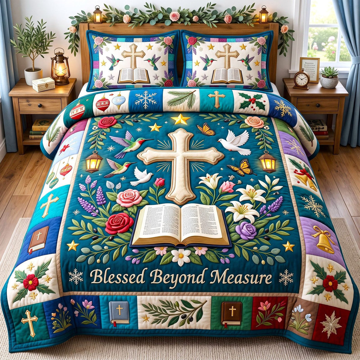 Blessed Beyond Measure Bible quilted 3-piece bedding set on a made bed in a softly lit bedroom