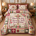 Blessed By God quilted 3-piece bedding set on a made bed in a softly lit bedroom