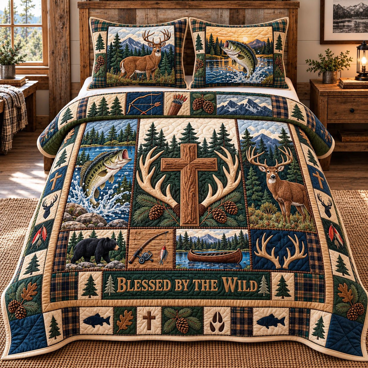 Blessed By The Wild Cross quilted 3-piece bedding set on a made bed in a softly lit bedroom
