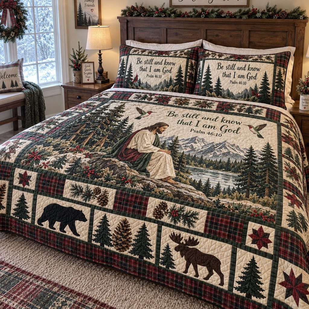 Blessed in the Wild quilted 3-piece bedding set on a made bed in a softly lit bedroom