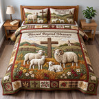 Blessed Lamb quilted 3-piece bedding set on a made bed in a softly lit bedroom
